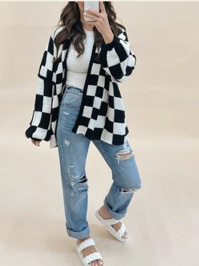 Shop Talulah Chunky Knit Oversized Black And White Checkered Cardigan